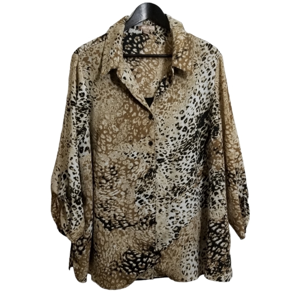 White Stag Tan, Black & Cream Animal Print Button-Up Blouse